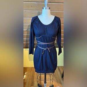 Navy tunic top from Anthropologie with empire waist wrap tie